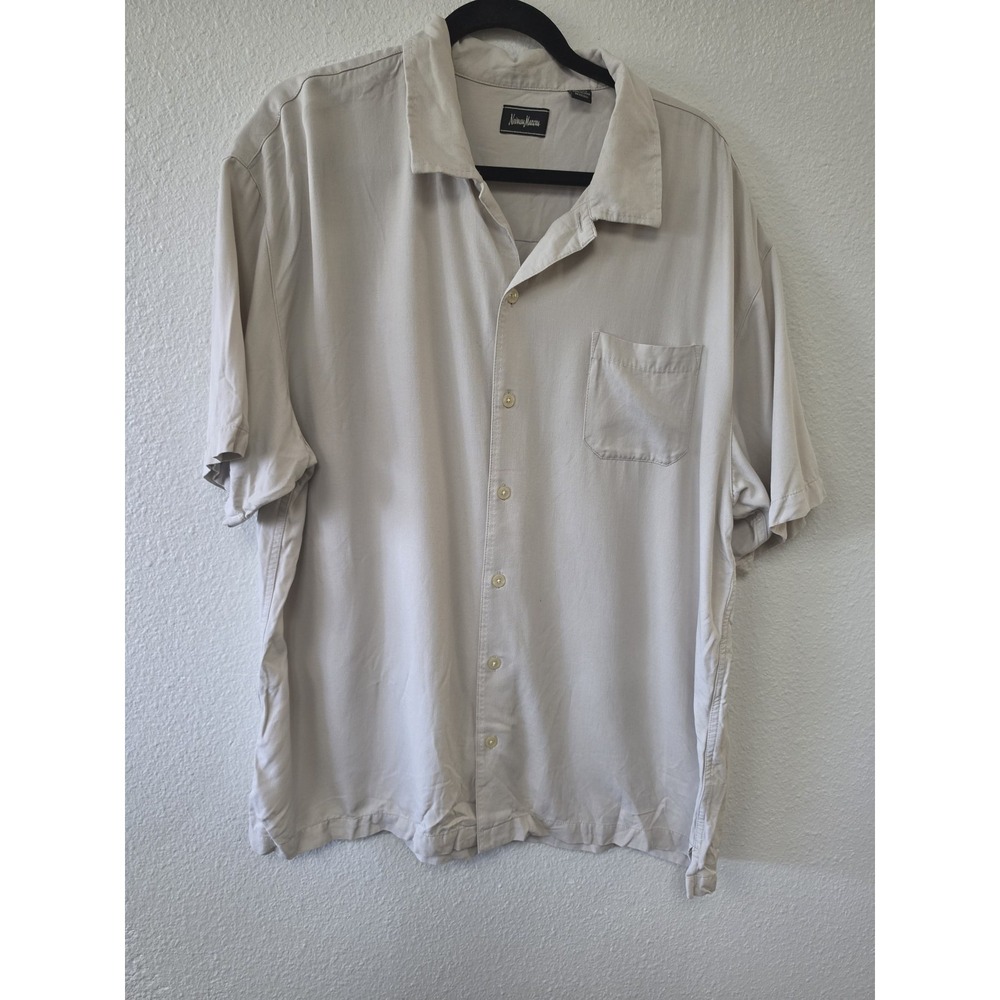 Neiman Marcus Men XXL Silk Button-Up Shirt Beige Solid Collared Short Sleeve